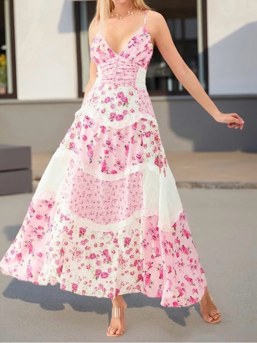 Pink Floral Tiered Maxi Dress - Picture 3 of 4